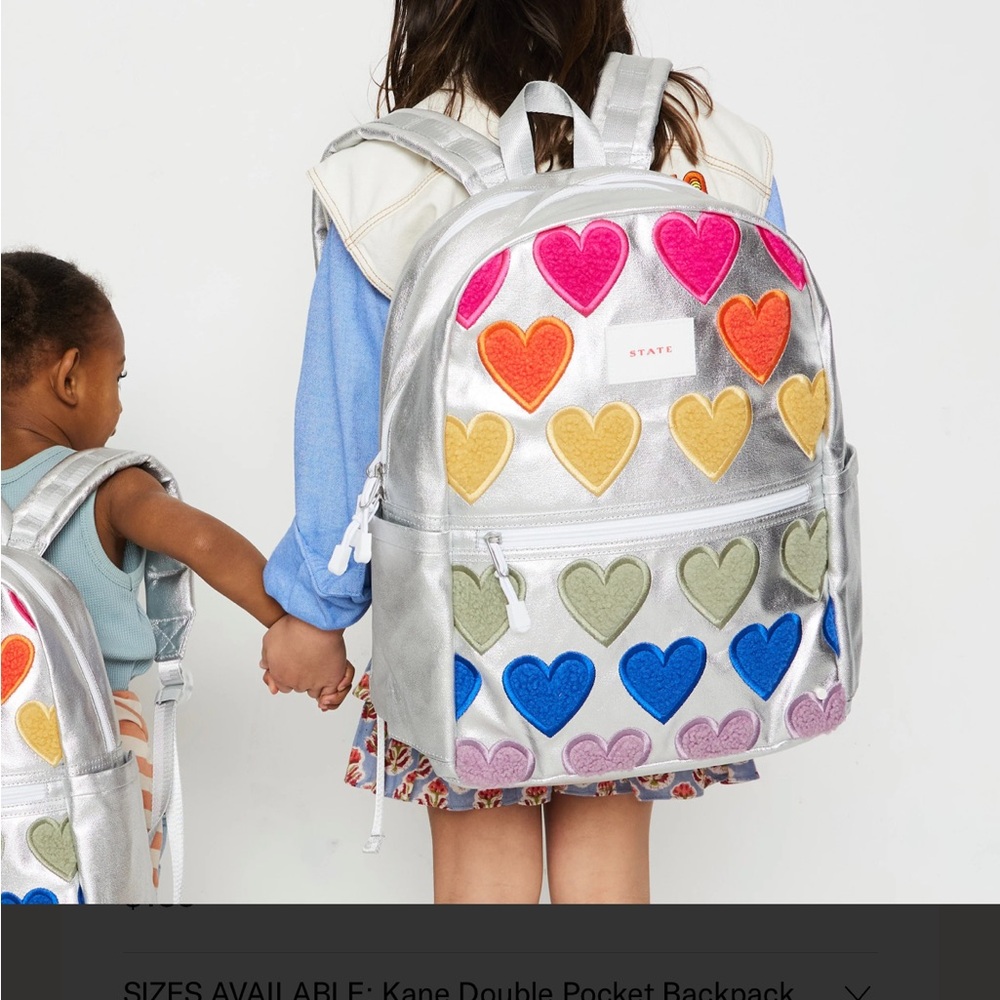 KANE DOUBLE POCKET LARGE BACKPACK METALLIC FUZZY HEARTS Big Kid NWT